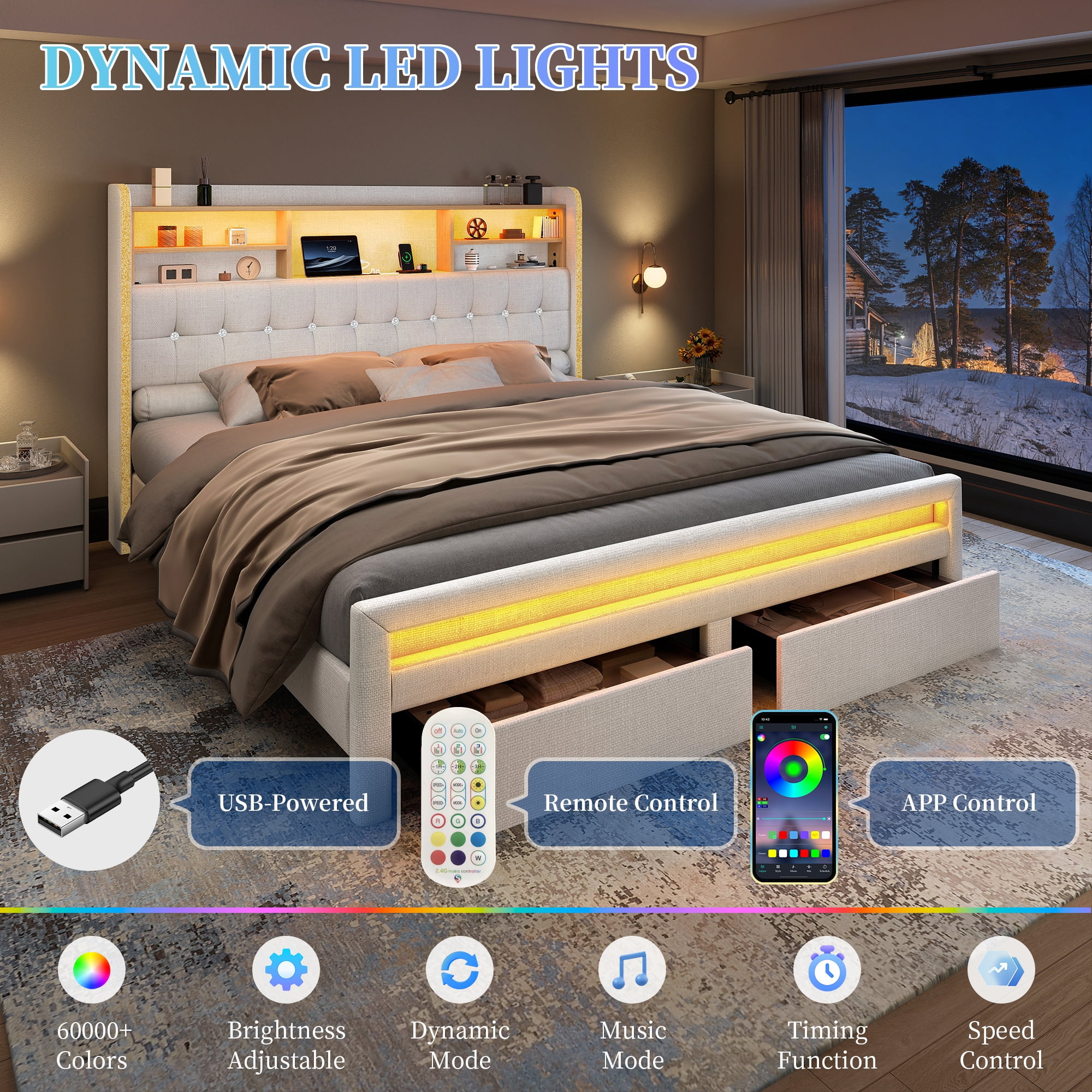 SIBEDS LED Bed Frame with 2 Storage Drawers and Linen Natural Upholstered Wingback Headboard, Queen