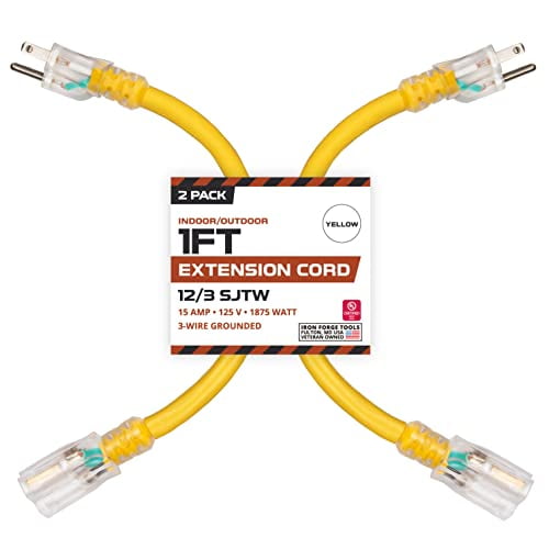 Iron Forge Cable 1 Foot Lighted Outdoor Extension Cord - 12/3 SJTW Heavy Duty Yellow Extension Cable with 3 Prong 15 AMP Grounded Plug for Safety