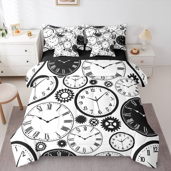 Manfei Cartoon Clock Twin Bedding Sets 7-Piece, White Black Geometric Stripes Bedding Comforter Set, Teen Kid Child Reversible Sheet Sets, Super Cozy Room Decor