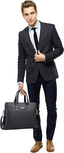 FSD.WG Leather Briefcase - 14-inch Laptop Bag, Adjustable Shoulder Strap, Multi-Functional Business Bag