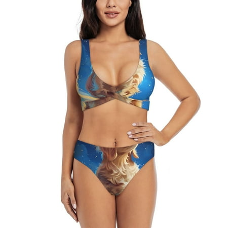 Zeuib Starry Sky Cloud Dog High Waisted Tummy Control Bikini Set - Knot Front Push Up Top & Cheeky Thong Bottom  Two-Piece Swimsuit for Women-X-Large