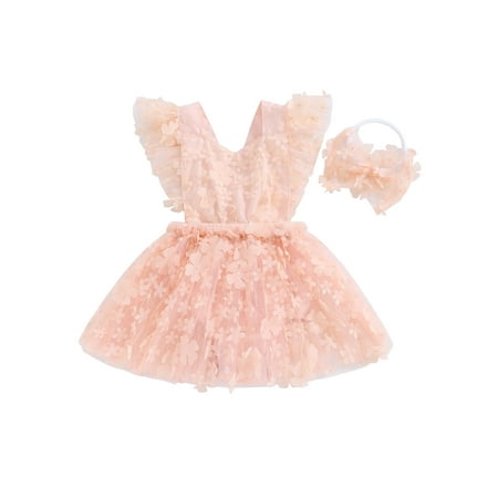 

Infant Baby Girl Tulle Tutu Romper Dress 3D Flower Fly Sleeve Back Tie-Up Layered Sundress Jumpsuit