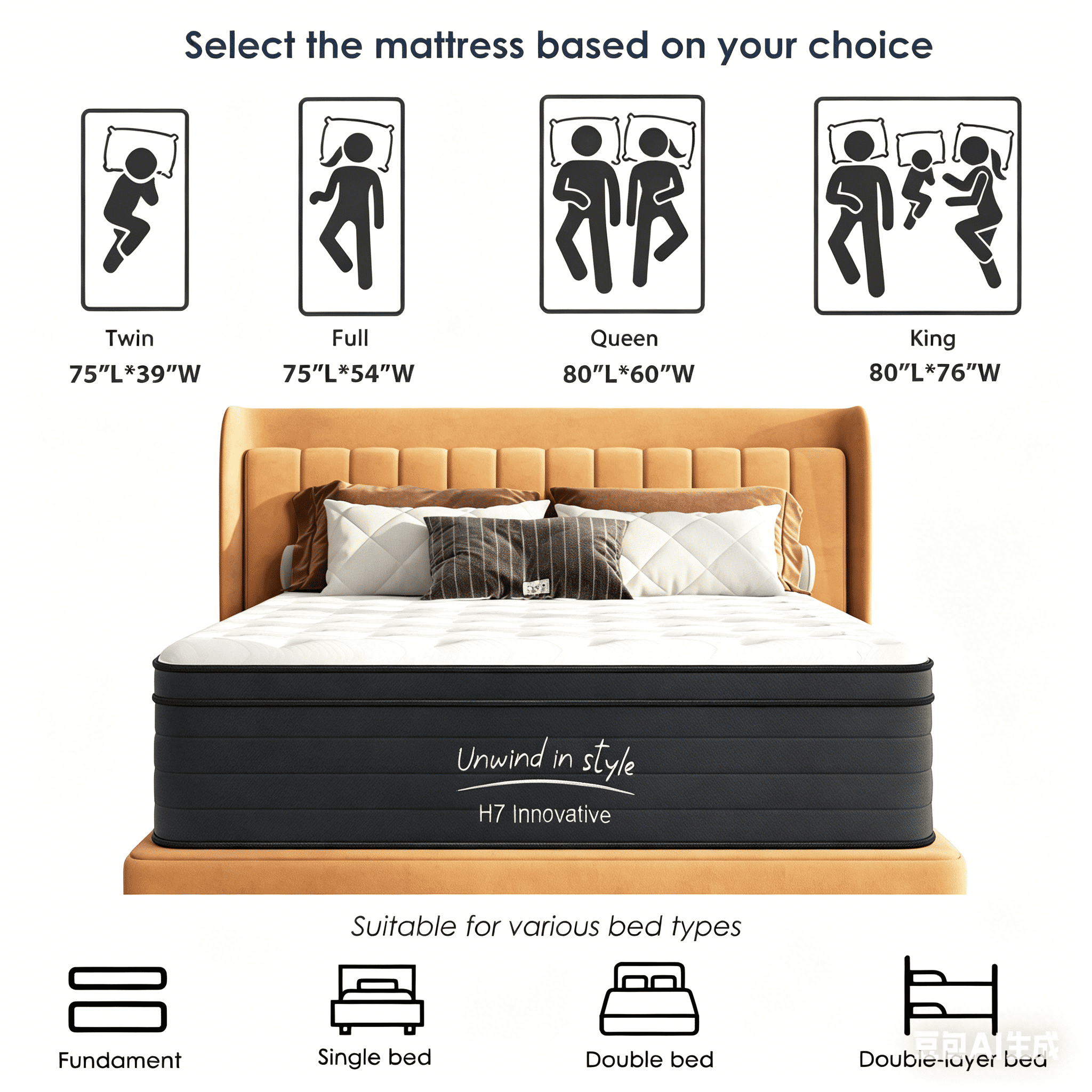 Anykoon King Size 12 Inch Hybrid Mattress, Individually Pocketed Innerspring, Medium Firm, Foam & Spring,White+Black