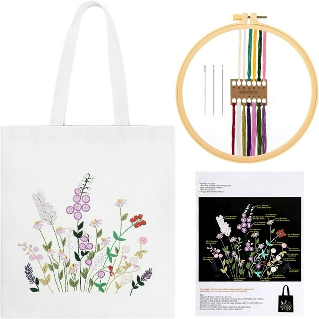 PEACNNG Canvas Tote Bag Embroidery Kit for Beginners Adults Stamped Embroidery Starter Kit with Floral Pattern Handmade Embroidery Bag Art Craft Including Hoop Needles and Threads - Wh