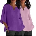 thumbnail image 2 of BVOFAR Cotton Linen 3/4 Sleeve Shirts for Women Solid Color Notch V Neck Tops Summer Plus Size T-Shirts Casual Loose Fit Tees 2 Pcs, 2 of 7