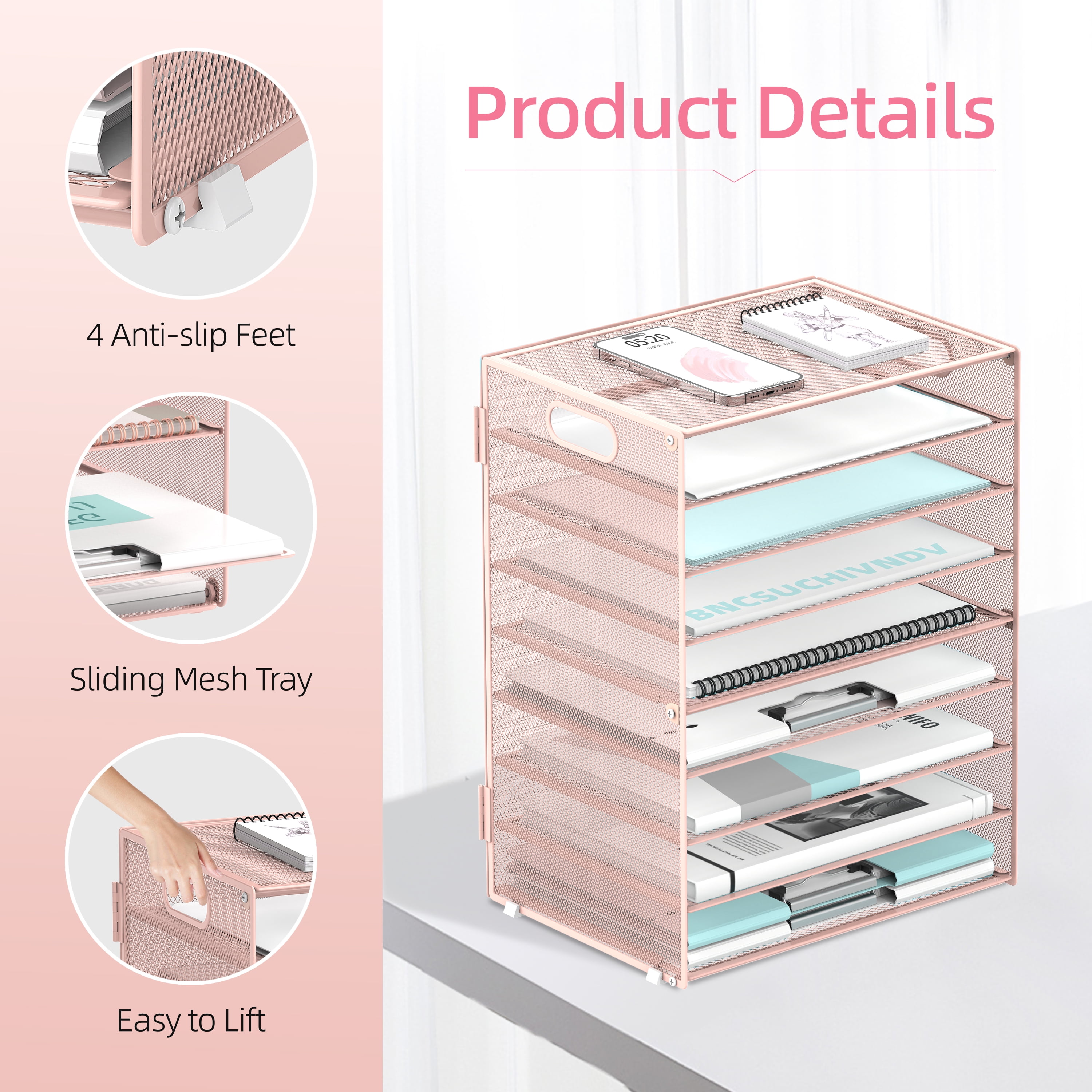 INTIGE 9-Tier Paper Letter Tray Desk Organizer with Handles for Office, Pink