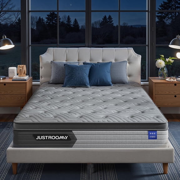 JUSTROOMY 14 Inch Firm Queen Mattress Hybrid Mattress,Cooling Ice Silk & Gel Memory Foam, Back Pain Relief, Individual Pocket Springs, Motion Isolation, Mattress in a Box CertiPUR-US Certified