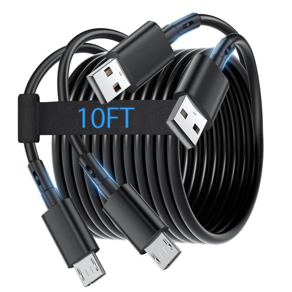 PS4 Controller Charger Cable,Long Micro USB Cable for Kindle Tablet Fire Stick,Old Android Phone PS4 Charging Cord for Sony PlayStation 4 DualShock PS 4 Slim Pro for Xbox One S X (2, Black, 10ft)