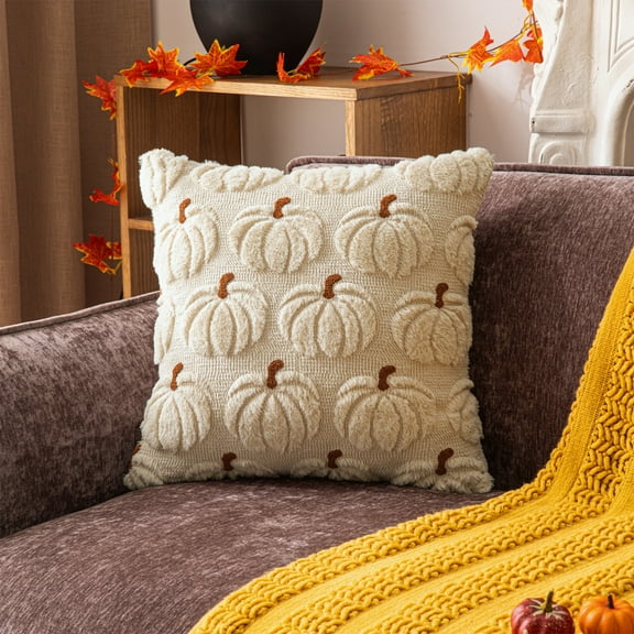 Fall Pumpkins Pillow Covers 12x20 Inch Autumn Embroidery Decorative Square Pillowcases Soft Faux Fur Cushions Harvest Gift for Couch Sofa Chair Bedroom Halloween (Beige)