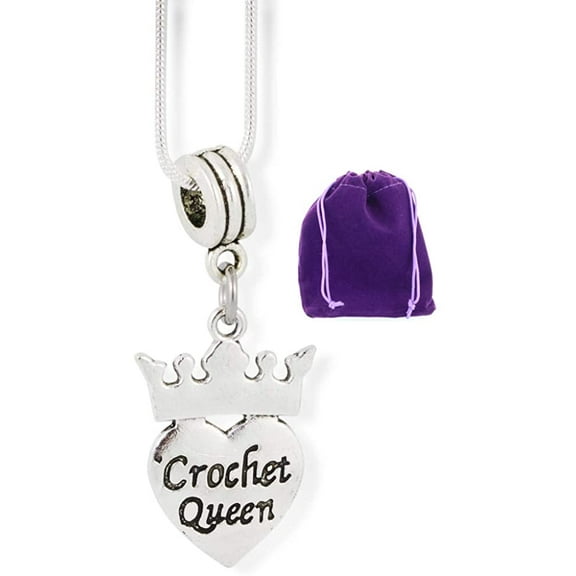 Crochet Queen (on heart and with Crown) Charm Snake Chain Necklace