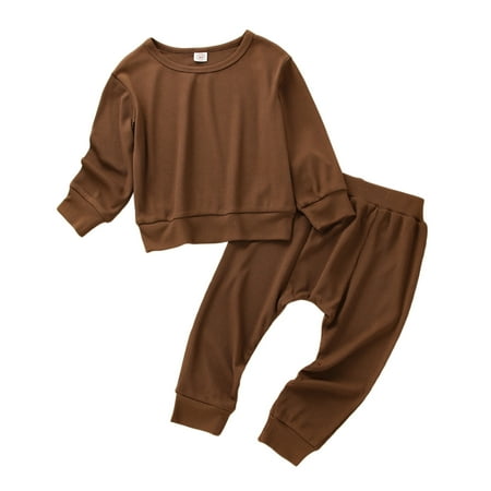 

Musuos Baby Boys Outfits Solid Color Long Sleeve Crew Neck T-shirt with Elastic Waist Pants for Toddler