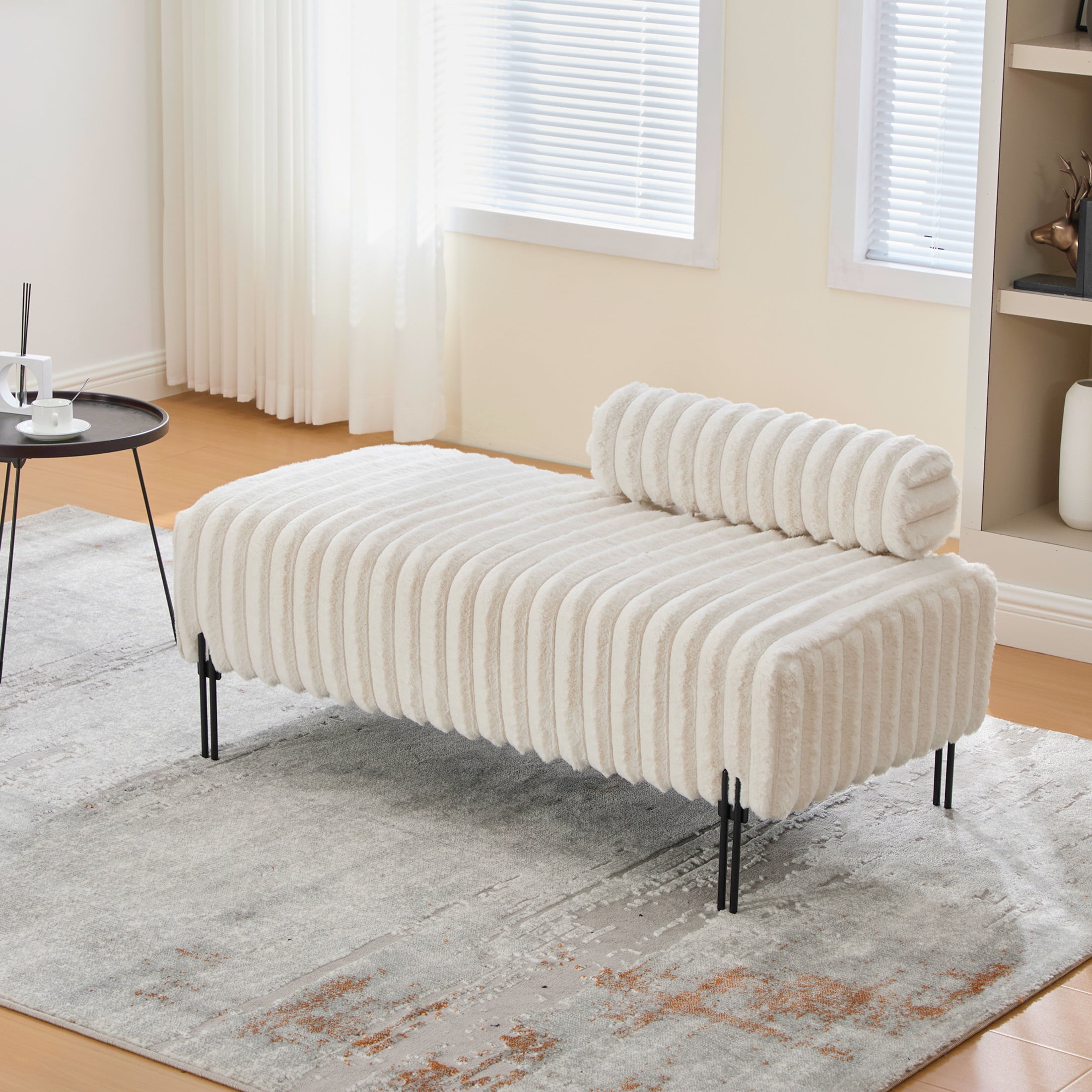 Noble House Fenton 49.6" Faux Fur Mini Loveseat, Adjustable Back Wide Bench with Metal Legs for Small Spaces, Beige