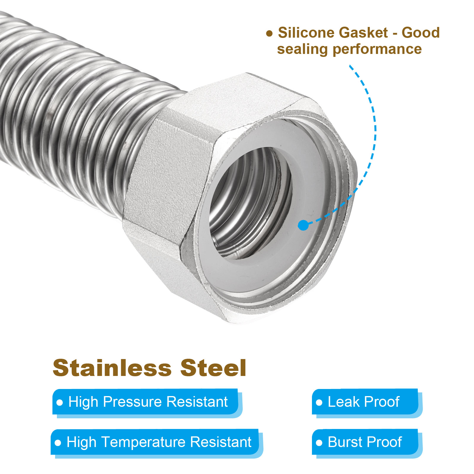 Flexible Stainless Steel Water Heater Hose, 2 Pack 24 Inch Durable Corrugated Water Heater Connector Hoses for Female Iron Water Pipes Fitting, (1G Female x 1G Female)