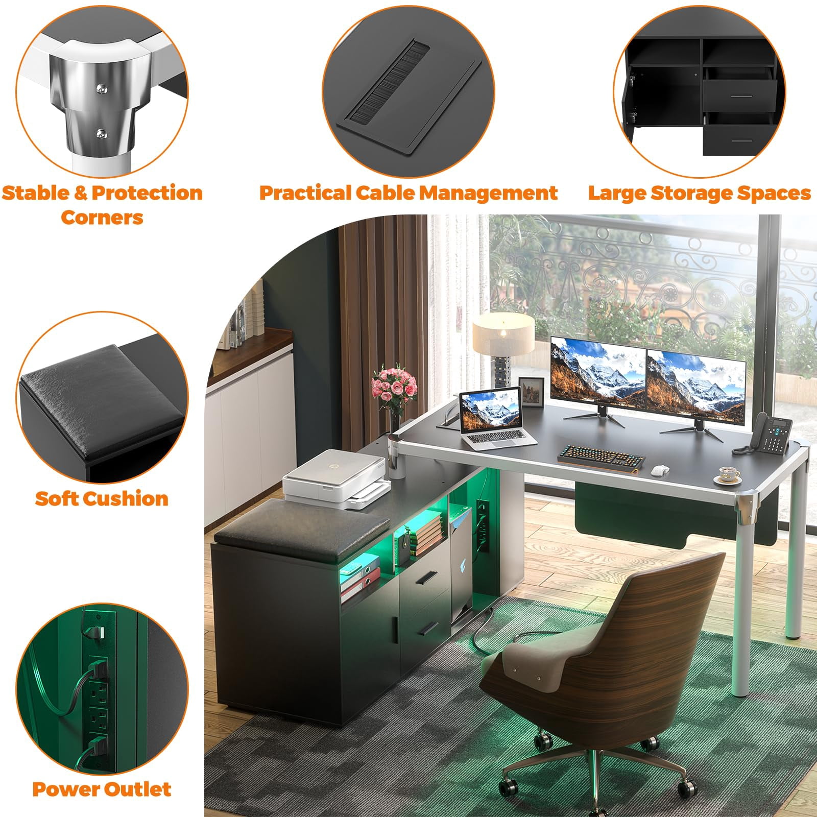 Homieasy L Shaped Desk with File Cabinet and Power Strip, Reversible Corner Office Desk with LED Lights, Large L-Shaped Computer Desk with Drawers for Home Office, Soft Cushion, Black