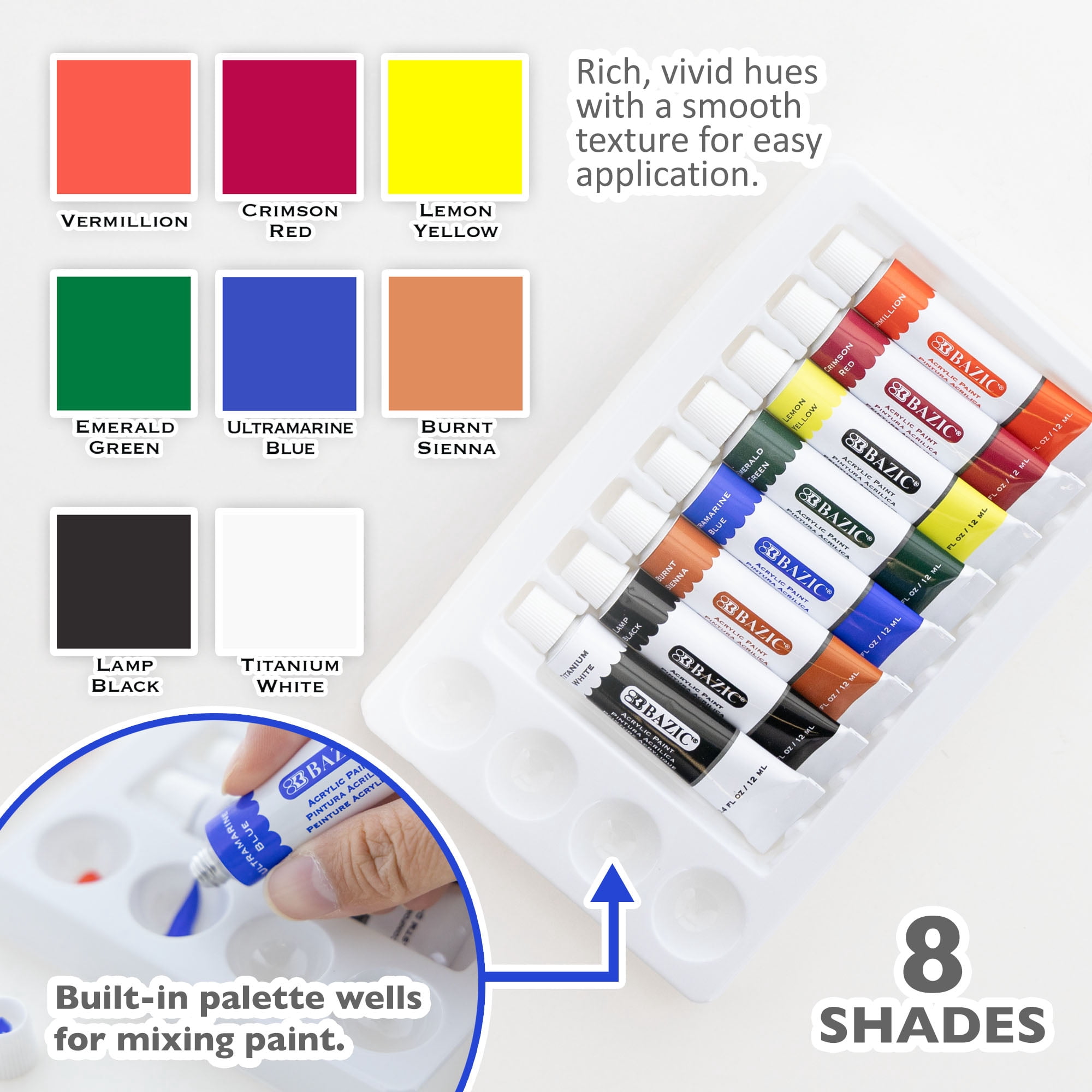 BAZIC Acrylic Paint 8 Colors 0.4 oz/12 ml, Non-Toxic Craft Paint Set, 1-Pack