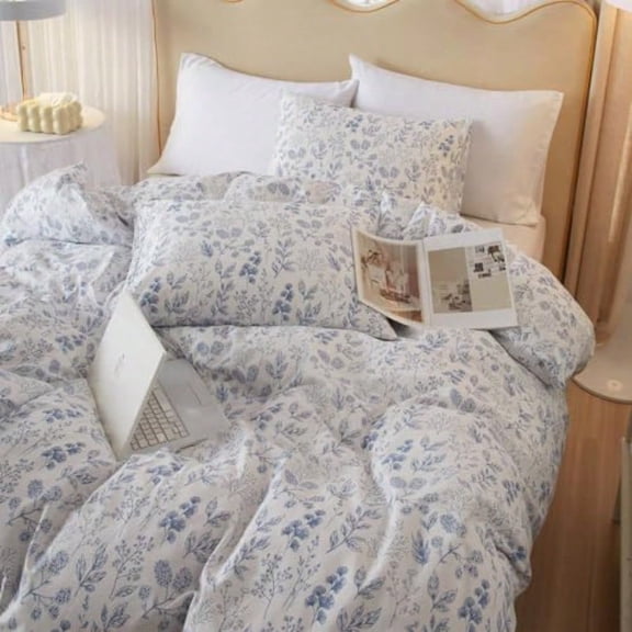 Blue Floral Comforter Set Queen White Coquette Bedding Comforter Sets Queen Boho 3 Piece for Women Girl Cottagecore Blue Flower Comforter Set with 2 PillowcasesBoho Bed Comforter Sets