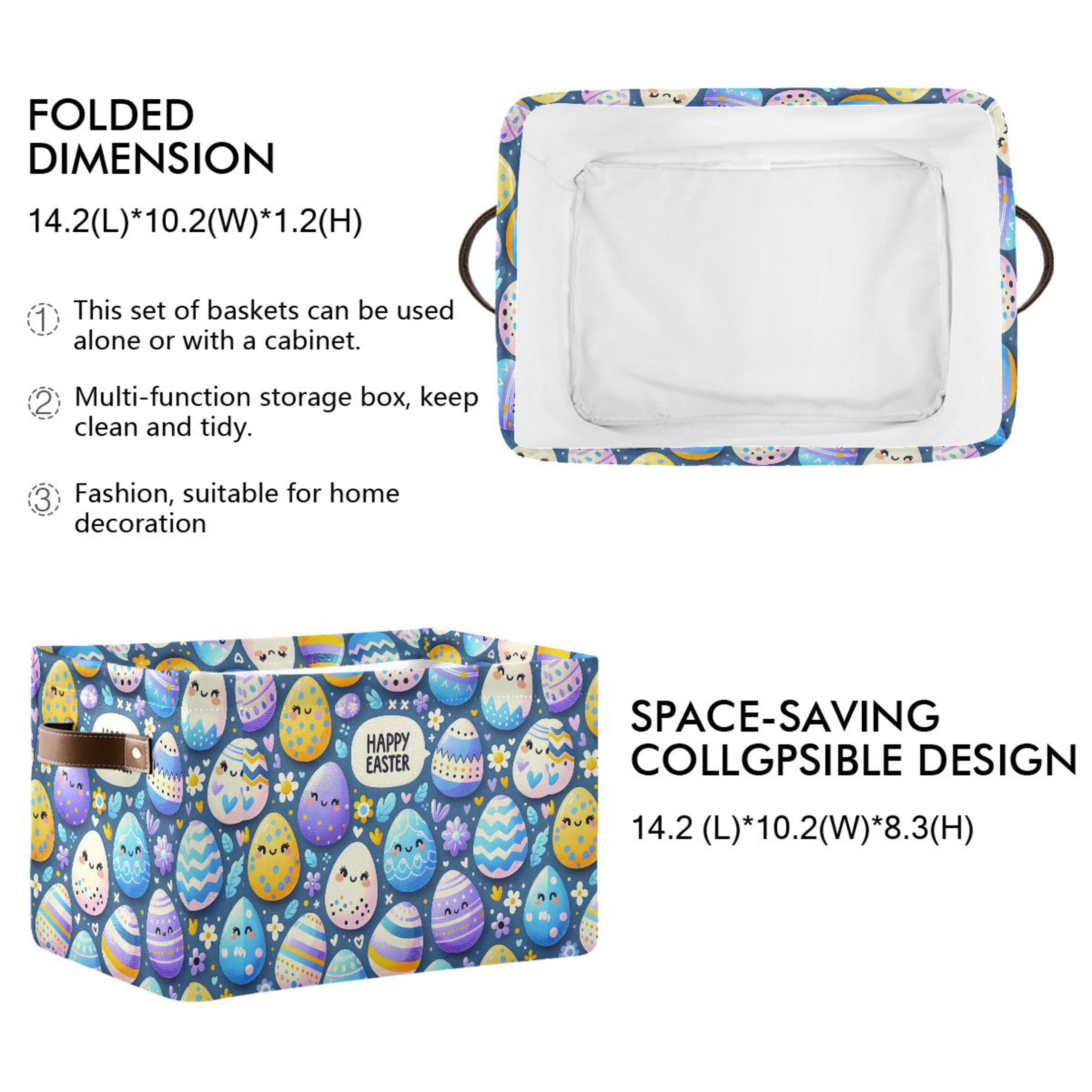 Easter Cute Egg Storage Bins with Handle Fabric Organizer Basket Foldable Box 2 Pack 14.2x10.2x8.3
