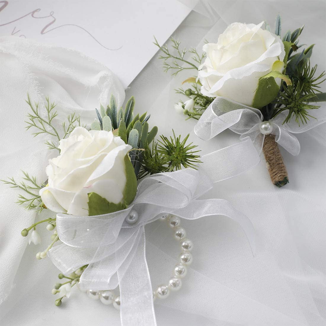 Blue Silk Foam Rose Bridal Wrist Corsage Bracelet White Wedding Flowers Handmade 