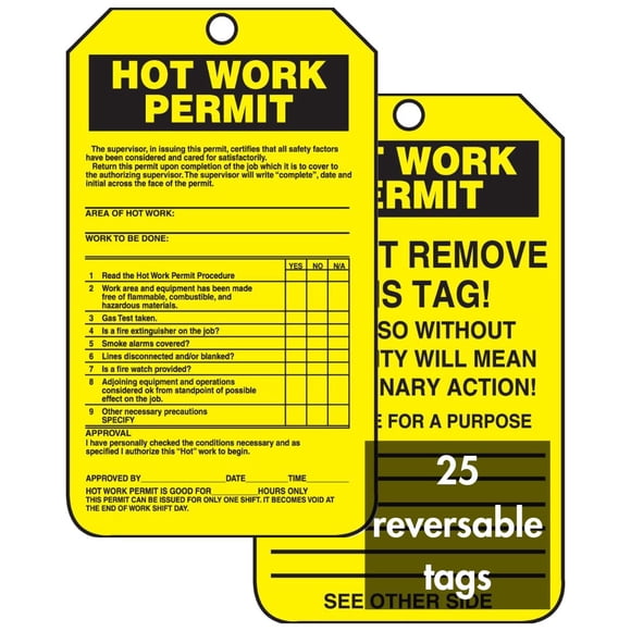 Accuform TCS361CTP Etiqueta de estado de trabajo en caliente Leyenda""Permiso de trabajo en caliente (lista de verificación)"" 5.75"" Largo x 3.25"" Ancho x 0.010"" Grosor PF-Cartulina negro sobre ama