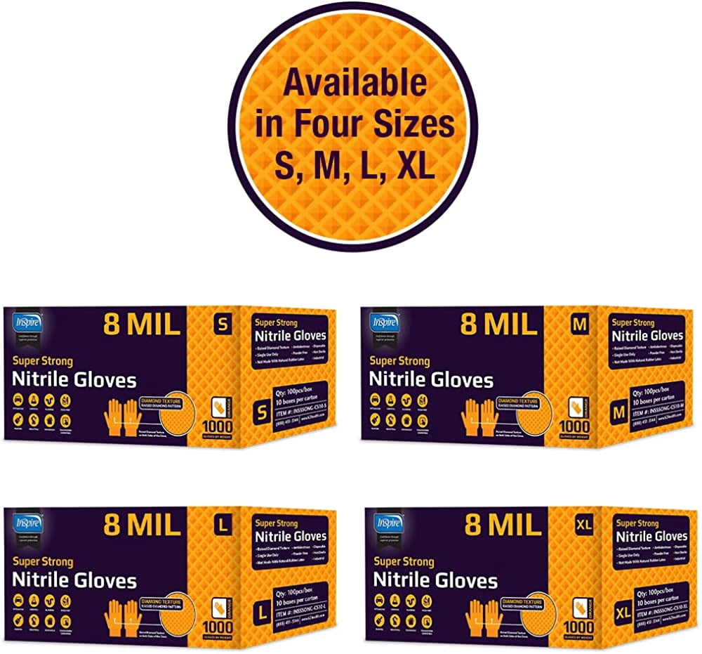 Inspire Orange Nitrile Disposable Gloves | ULTRA 8 Mil Gloves Diamond Textured for Secure Grip