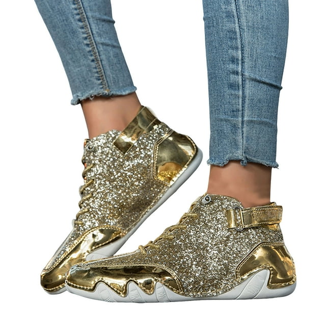 Leozcaa Women's Glitter Tennis Sneaker Platform Lace up Rhinestone Bling Wedding Shiny Sequin Booties