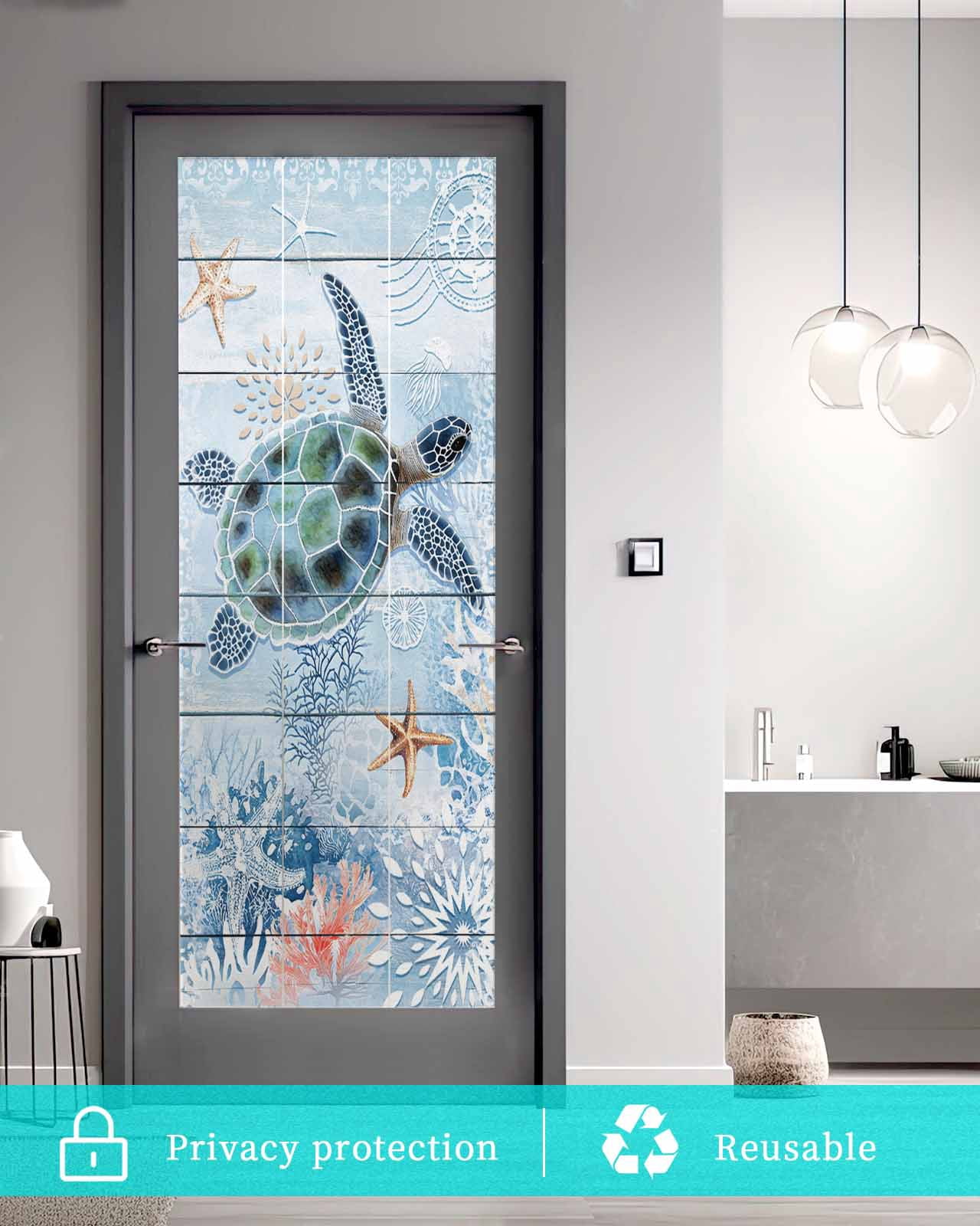 Window Privacy Film Coastal Ocean Turtle Stained Glass Window Film Decorative Sun Block Window Cover Nautical Starfish Coral Wooden Grain Window Clings Static Adhesive Sticker for Bathroom 23.6"x59"