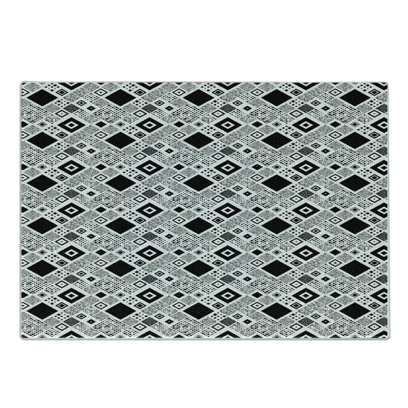 Black and White Cutting Board, Geometrical Diagonal Pattern with Various Different Squares Contemporary, Decorative Tempered Glass Cutting and Serving Board, Small Size, Black White, by Ambesonne