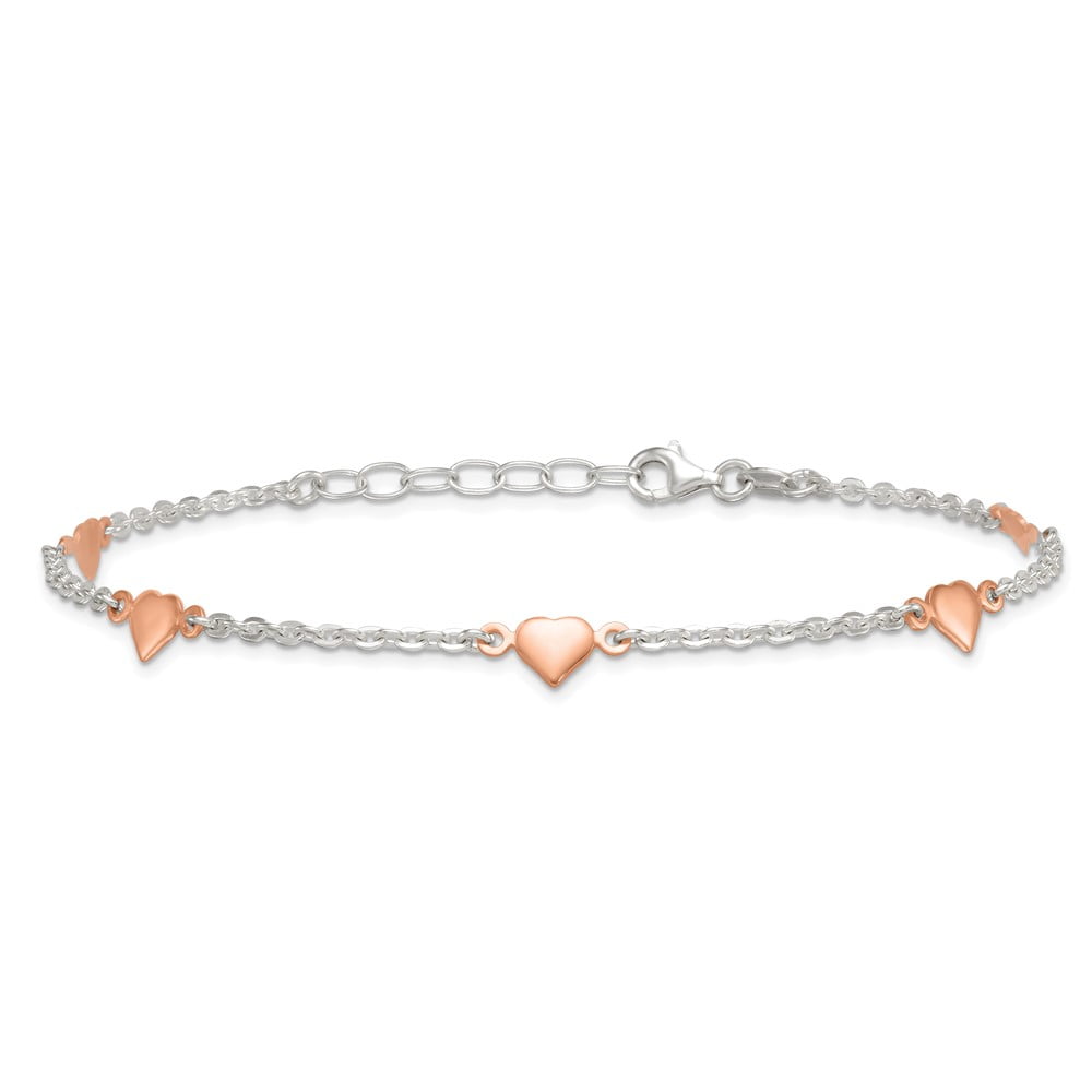 Sterling Silver with Rose-tone Polished Hearts 5-Station 9 inch with 1 inch Extension Anklet