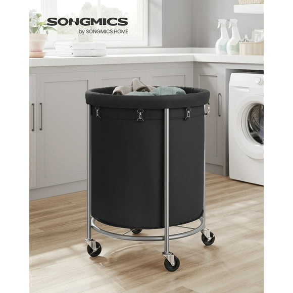 SONGMICS Laundry Basket with Wheels, Rolling Laundry Hamper, 45 Gal., Round Laundry Cart with Steel Frame and Removable Bag, 4 Casters and 2 Brakes, Ink Black and Metallic Silver