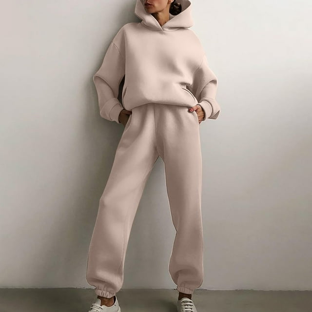 PVCS Women Casual Solid Color Two Piece Long Pants Hooded Pullover Long Sleeve Sweatshirts Sets