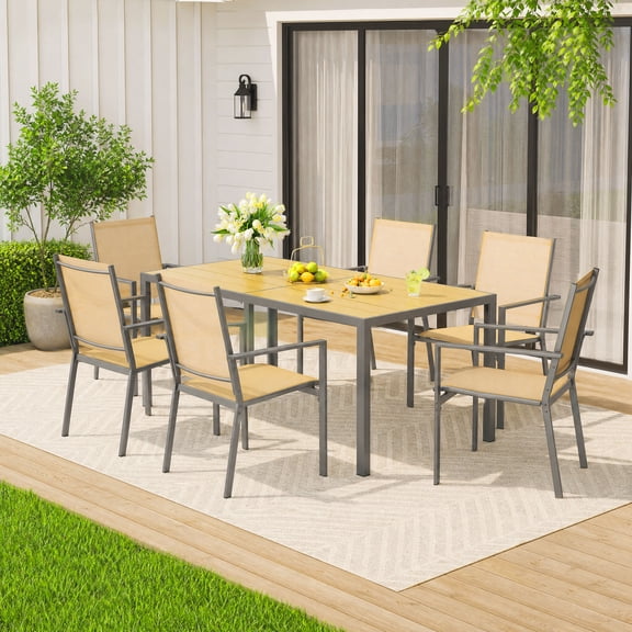 Patio Table and Chairs Set With Umbrella Hole, Asofer 7 Pieces Outdoor Dining Set, Stackable Textilene Chairs for Porch& Yard, Brown