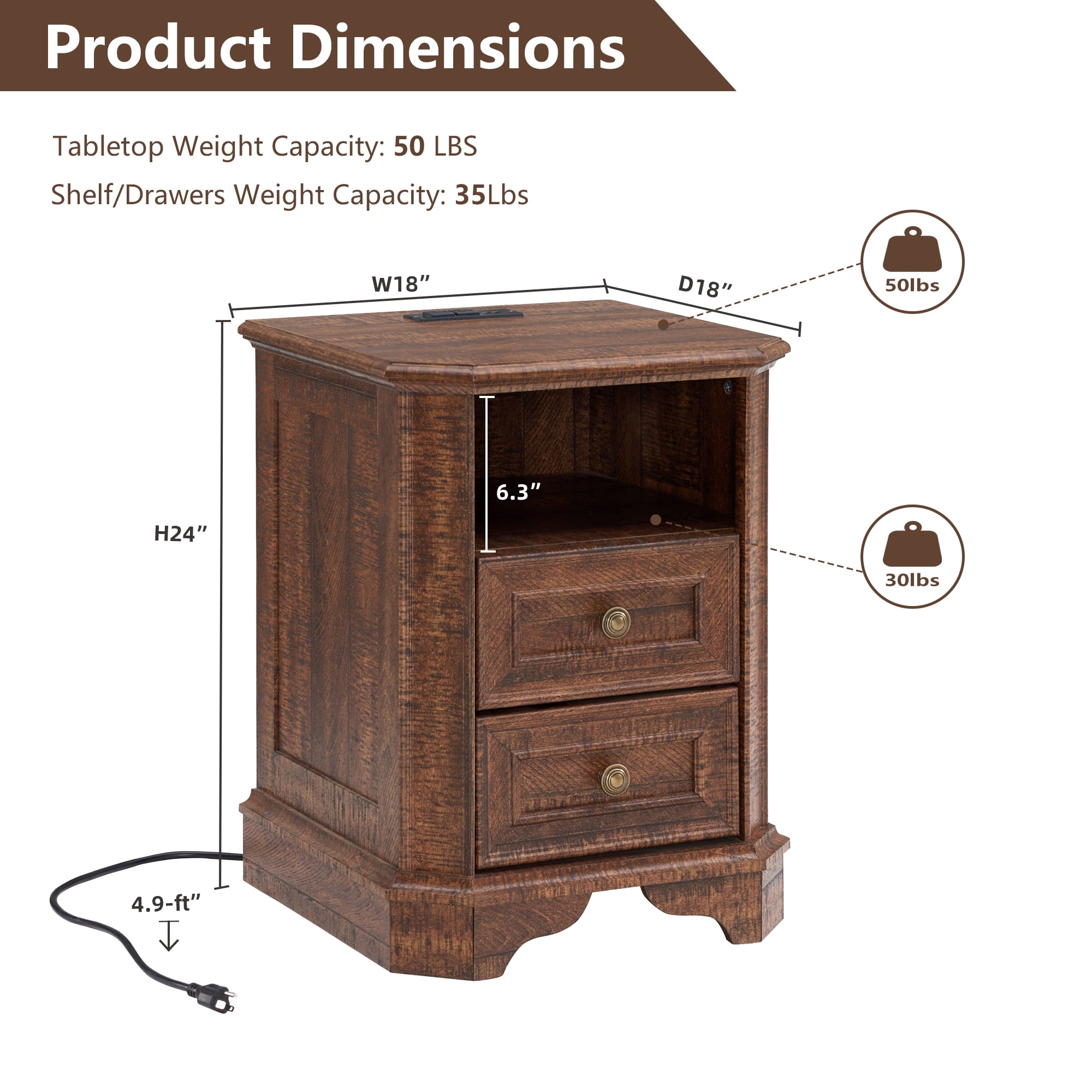 OKD Farmhouse Nightstand with Charging Station, End Table with 2 Drawers for Living Room, Side Table, Brown