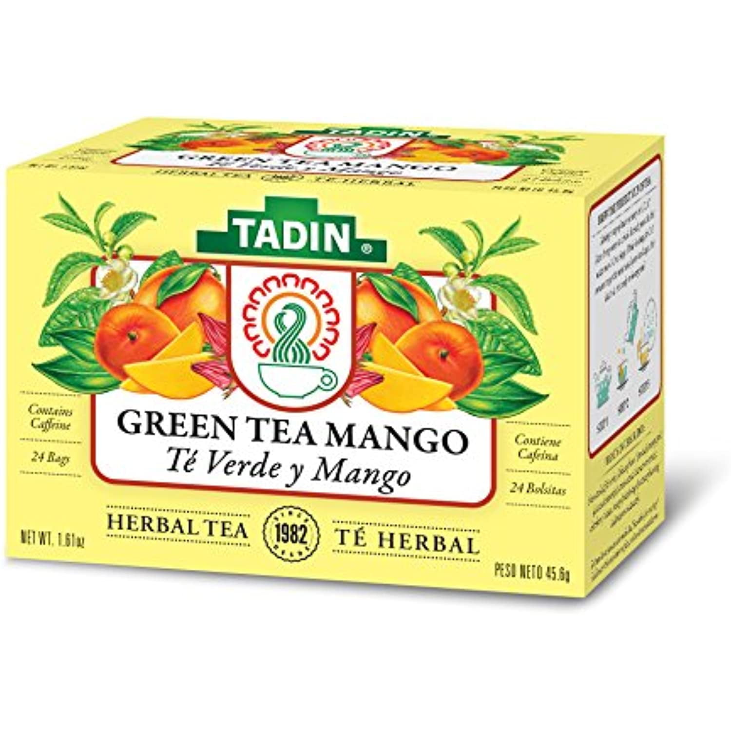 Tadin Mango Green Tea, Contains Caffeine, 24 Bags Per Box, Pack Of 6