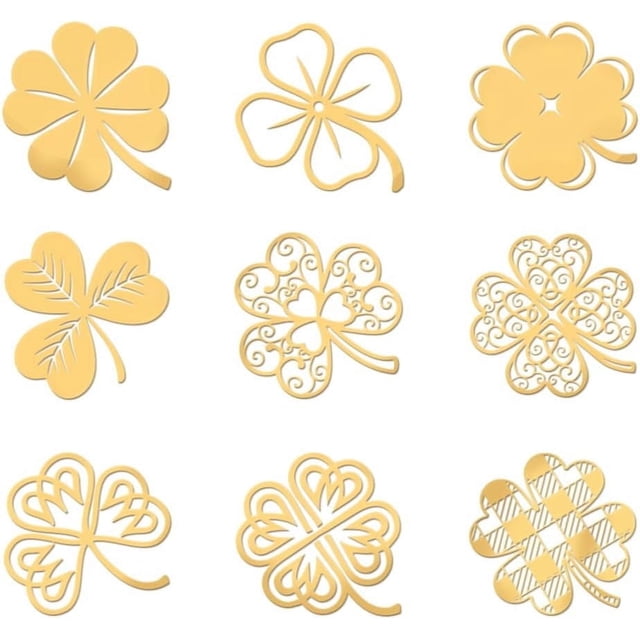 9 pegatinas con temática de trébol de 1,6 x 1,6 pulgadas, pegatinas del día de San Patricio, pegatinas autoadhesivas de metal dorado, pegatinas de metal de trébol de cuatro hojas para álbumes de
