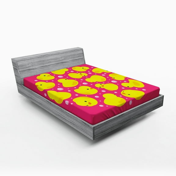 Ambesonne Rubber Duck Fitted Sheet, Bubbles Hot Pink, Queen Size, Yellow Pink