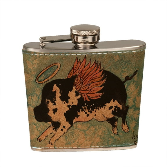 KuzmarK 6 oz. Leather Pocket Hip Liquor Flask - Flying Angel Pig Animal Art by Denise Every
