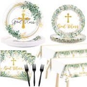 98pcs God Bless CORNET Plates Baptism Tableware First Holy Mi Bautizo Disposable Tableware Set with Plates Napkins Tablecloth for Newborn Baby Shower Party Christening Religious Party Decorations