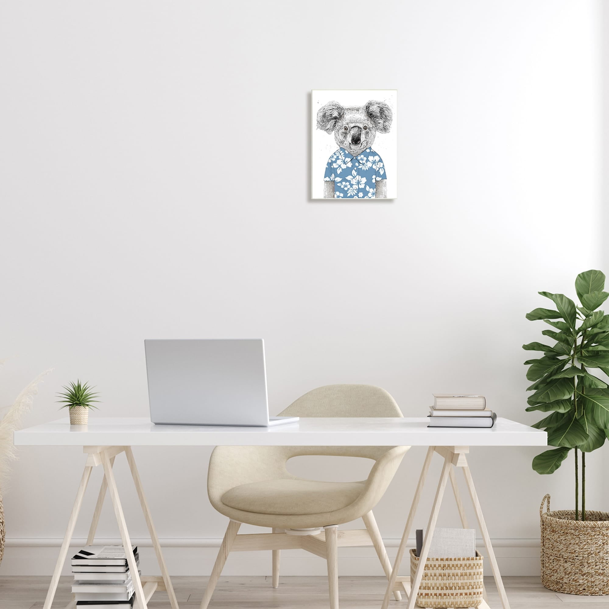 Stupell Industries Monochrome Koala Blue Aloha Shirt Hibiscus Botanicals Wood Wall Art, 10 x 15, Design by Balazs Solti