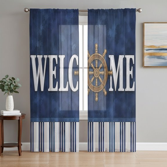 Navy Blue Welcome Sheer Curtains 72 Inch Length 2 Panels Set, Coastal Nautical Striped Voile Window Treatment Rod Pocket Curtains Sheers Drapes for Bedroom/Living Room/Kitchen 52"x72"x2