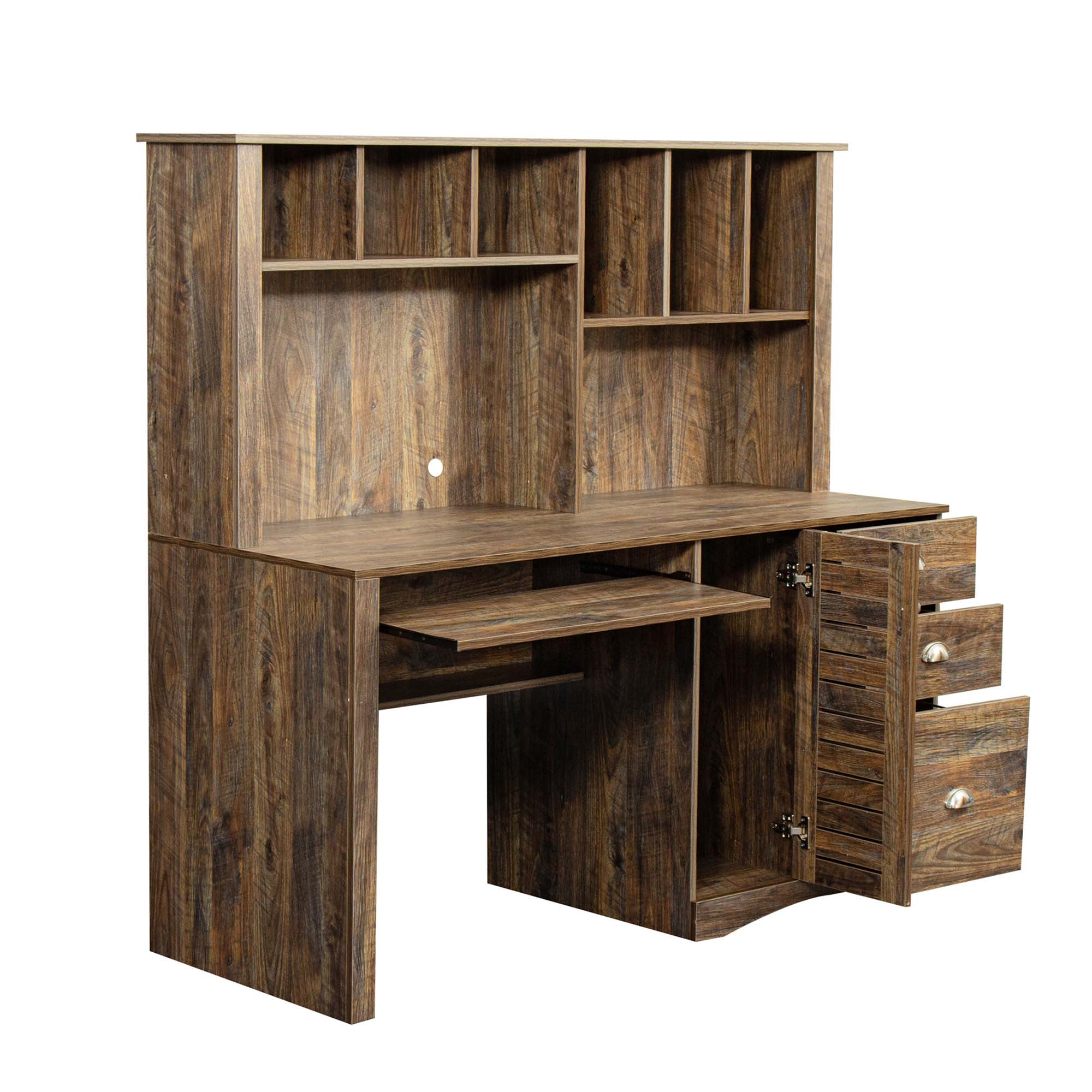 DEALTOPS Home Office Computer Desk with Hutch, 3 Drawers, Study Table, Keyboard Tray, Dark Brown