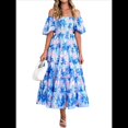 thumbnail image 3 of Vestido Midi Informal de Verano para Mujer, de Corta, Abullonado, con Cuello Cuadrado y Volantes Escalonados Flores Azul XL, 3 of 7