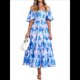thumbnail image 3 of Vestido Midi Informal de Verano para Mujer, de Corta, Abullonado, con Cuello Cuadrado y Volantes Escalonados Flores Azul L, 3 of 7