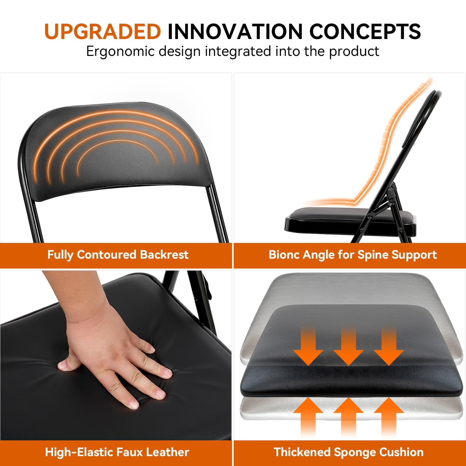 Furnibear Cushioned Faux Leather Folding Chairs 2 Pack padded metal event chairs and portable folding chairs for home office and parties foldable set, Black