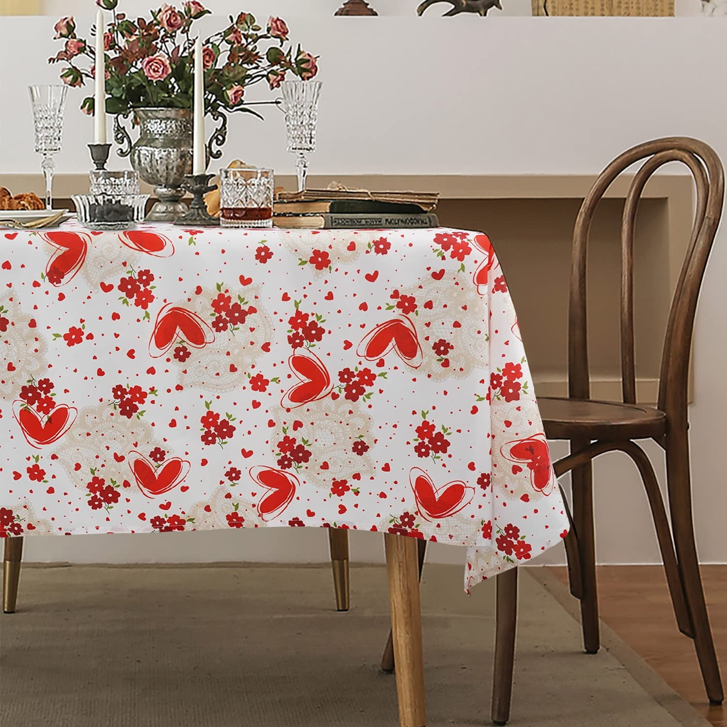 Valentines Day Table Cloth Hearts & Lace Tablecloth Easy Care Machine