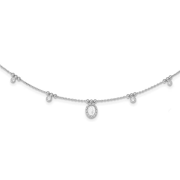 Auriga Fine Jewelry 925 Sterling Silver RH-plated CZ Miraculous Medal w/1.5in Extender Necklace for Women 16"