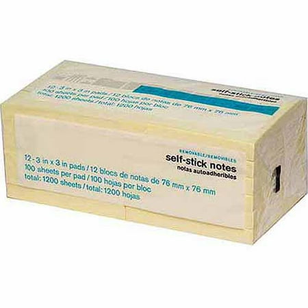 3" x 3" Self-Stick Notes, Yellow, 100-Sheets/Pad, 12ct