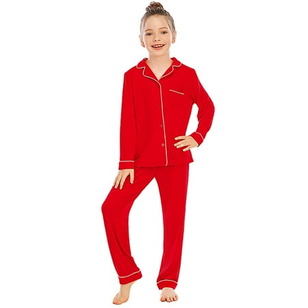 Curuila Child Kids Girls Pajamas Set Long Sleeve Solid Color Lapel Button Down Pjs Tops With Pants Soft Comfort Homewear Red Size 5-6 Years
