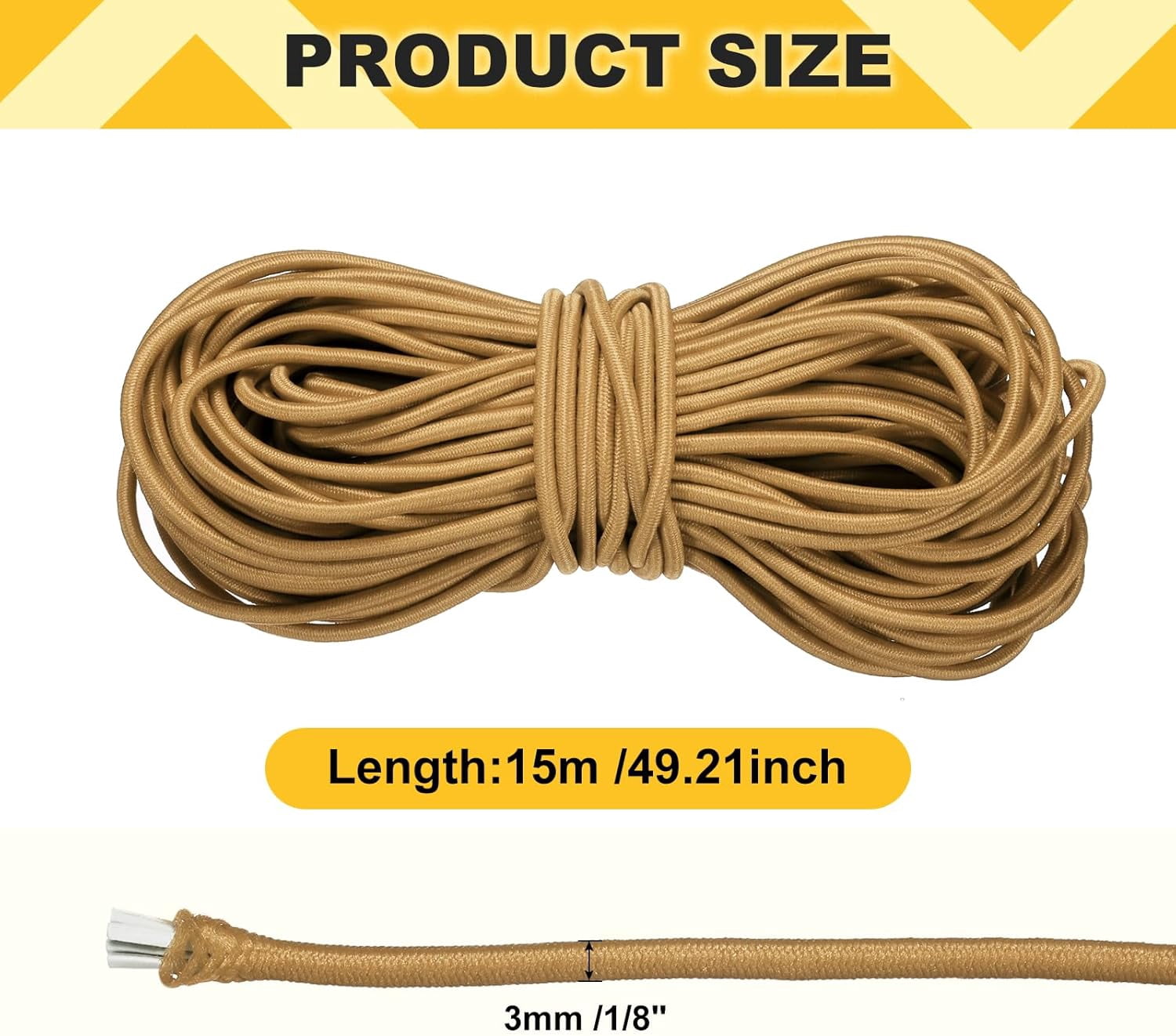 MKEUDQ-Elastic Bungee Cord, 1/8" x 49' Heavy Duty Polyester Bungee Shock Cords Kayak Stretch String Rope for Kayak Strap Tarp Tie Boating Tent Camping DIY Craft, Dark Yellow