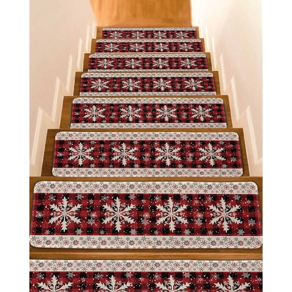 Christmas Snowflakes Stair Treads for Wooden Steps Indoor Runner Rug Carpet, Xmas Winter Vintage Red Plaid 4 Pieces Peel and Stick Staircase Step Treads Covers Washable Throw Door Mats, 30"x8"