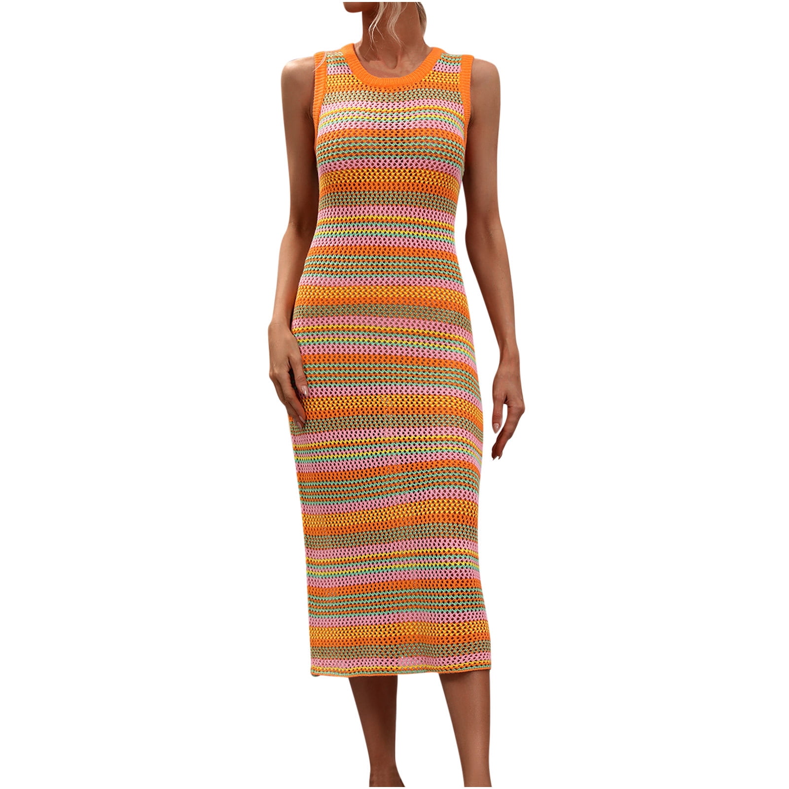 Crochet Dresses for Women Sexy Hollow Out Knitted Beach Bikini Cover Ups Sleeveless Crew Neck Trendy Stripe Printed Slim Fit Cover-Up Tank Midi Dress